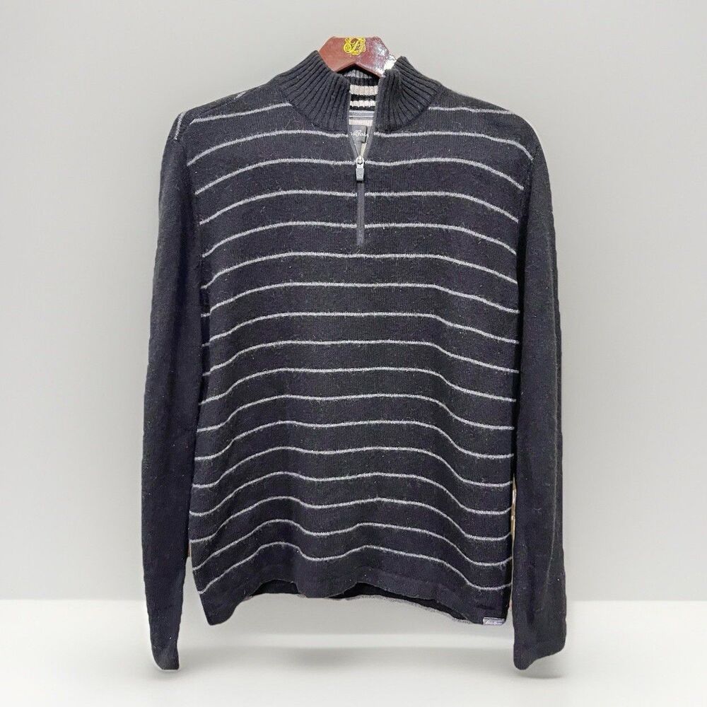 Eddie Bauer Mens M Gray Wool Blend Striped 1/4 Zip Pullover Sweater
